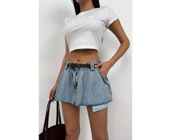 Women's Belted Pleated Mini Denim Skirt