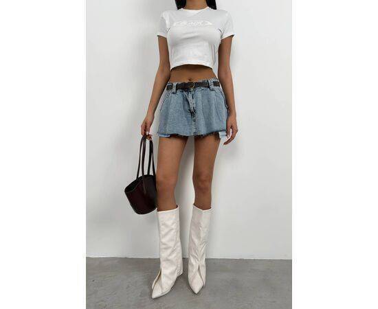 Women's Belted Pleated Mini Denim Skirt