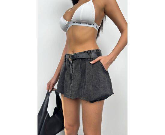 Women's Belted Pleated Mini Denim Skirt