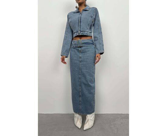 Women's Belt Detail Maxi Denim Skirt