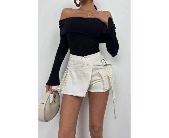 Women's Belt Detail Denim Short Skirt with Cargo Pocket