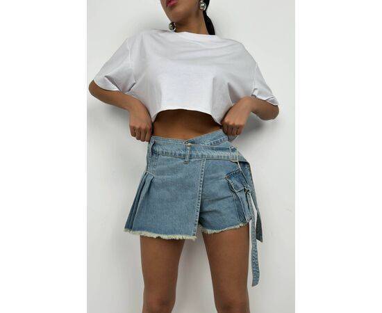 Women's Belt Detail Denim Short Skirt with Cargo Pocket