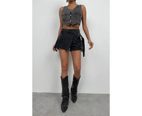 Women's Belt Detail Denim Short Skirt with Cargo Pocket